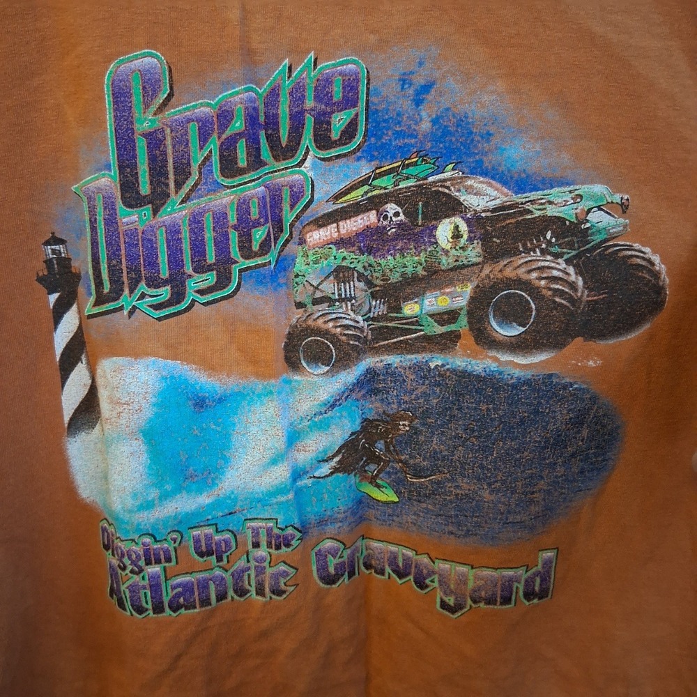 Grave‎ Digger Atlantic Graveyard Graphic Tee Orange DESTROYED Sz 2XL